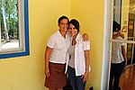 Conchita Montes, Chacraseca Community Leader and UCLA Blum Summer Scholar Ana Mascareñas in front of Biblioteca Ricardo Streb, recently completed in Chacraseca by FriendsNE.