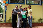 Thanking Michael Rodriguez for his support at the first health and arts fair in Chacraseca, organized by UCLA Blum Center Scholars and sponsored by FriendsNE International, with the support of many community members and volunteers! (left to right): Jennifer Zelaya, UCLA Blum Center Scholar; Michael Cipoletti; FNE International; Karla Hernandez Toval, student and Chacraseca community member; Rebecca Hervieux, Briana Liu, volunteer with SosteNica)